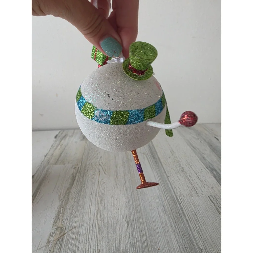 Vintage Pier 1 glitter snowman presents ornament top hat green Xmas